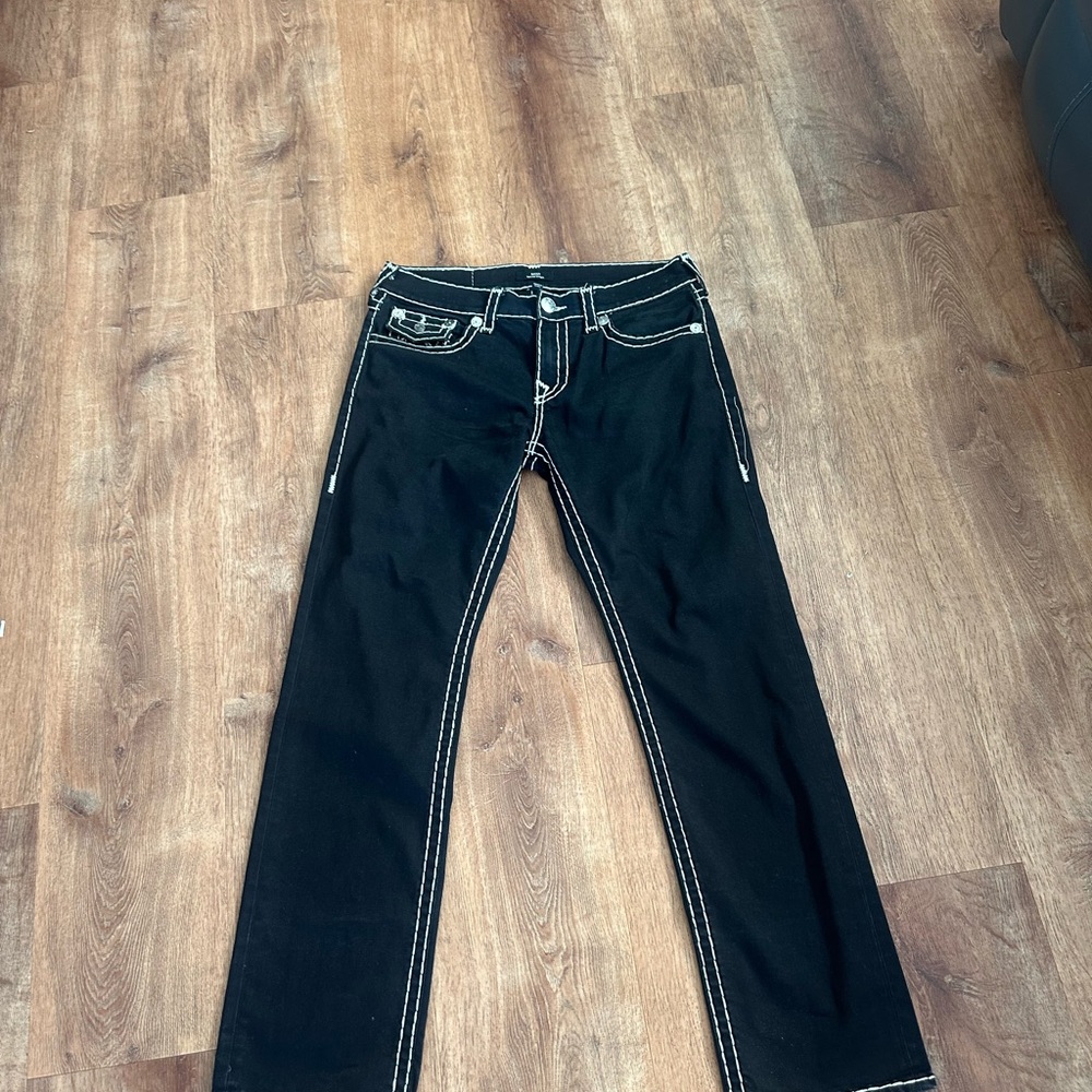 True Religion Black Bootcut Jeans with White Contrast Stitching